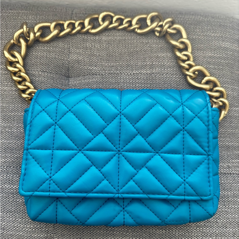 Zara Turquoise Quilted Mini Bag with Gold Chain